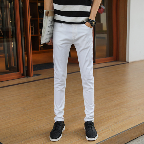 Men's Ripped Cropped White Denim Pants, Korean-style Slim-fit Elasticity-boosted Personality 
