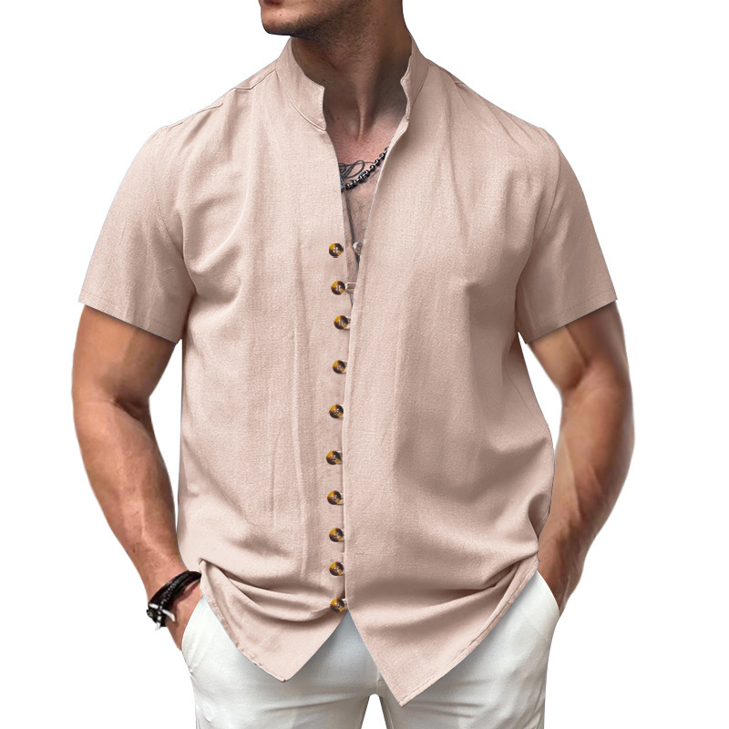 Camicia in lino da uomo con collo alla coreana e bottoni_voghion.com