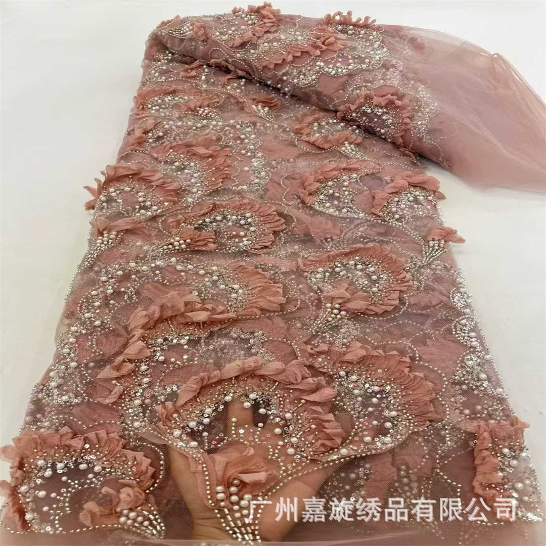 Capas de sensación con flores industria pesada esquinilla de perlas de encaje de tubo de perlas vestido de boda francés tela de encaje francés