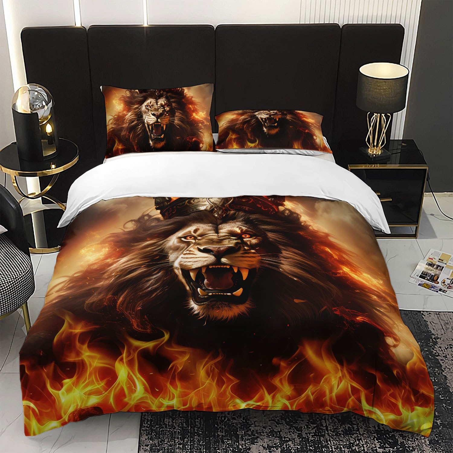 TEMU / JIT abrasión digital impresión cama colcha de cama pro-piel kit textil casero frío negro patrón de león fábrica fuente