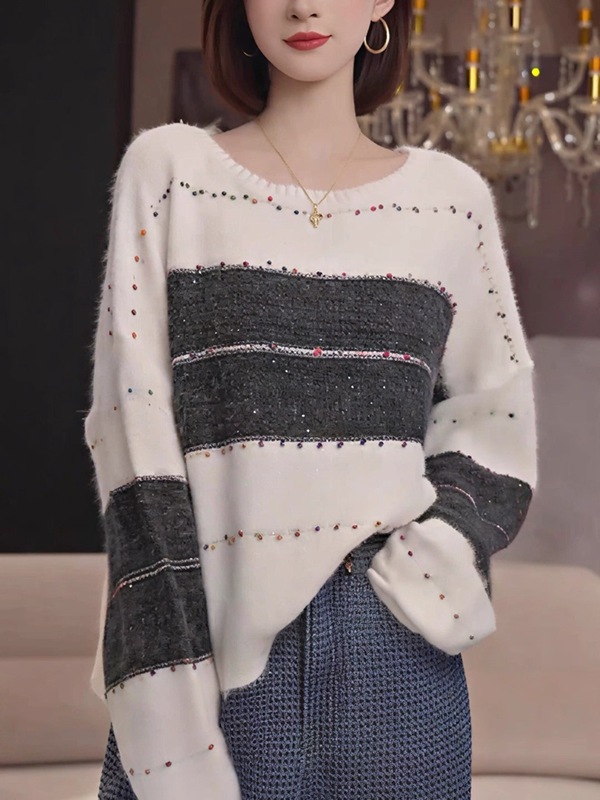 大码女装慵懒风撞色条纹亮片针织毛衣女秋冬胖MM百搭显瘦减龄上衣|undefined