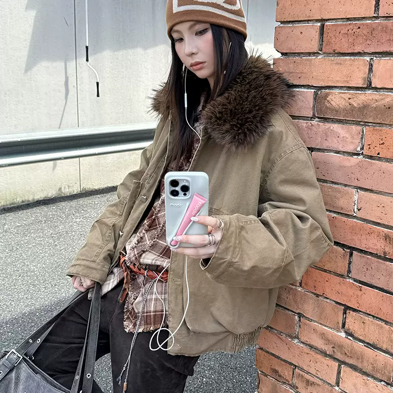 MMFISH时髦街头复古毛领洗水工装羽绒棉工装风加厚夹克外套25W592