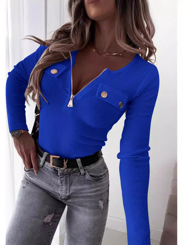 New Autumn European and American Style Fashionable Knitted Slim-Fit Long-Sleeved Zip-Up Top T-Shirt