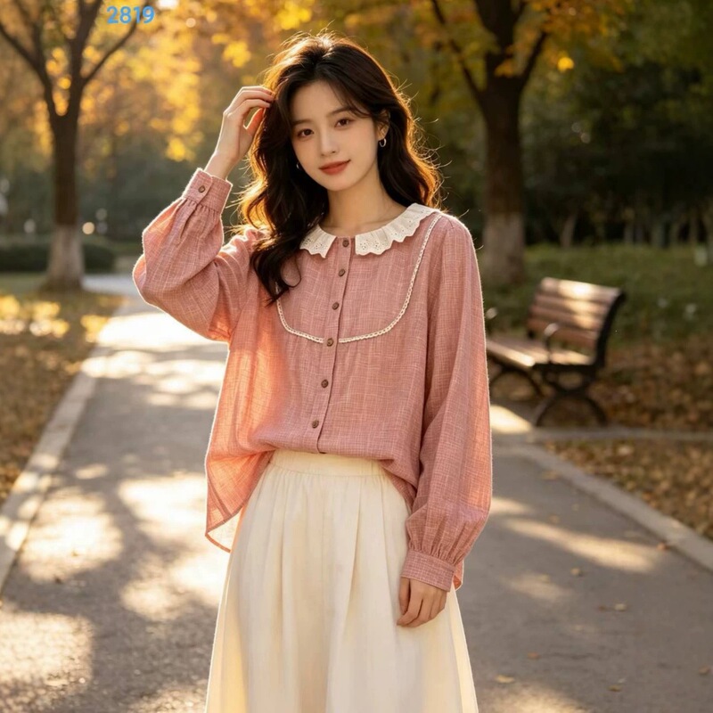 2026 Autumn Collection: Japanese-style, artistic, and floral-patterned plaid shirt for women. Loose-fitting, doll-style casual top