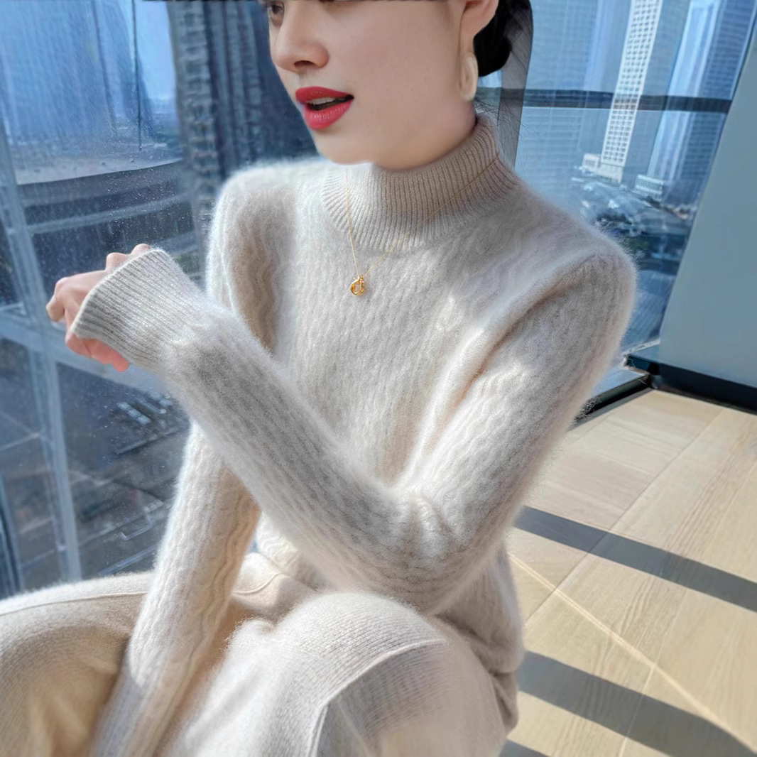 秋冬新款100羊毛双股加厚双层领羊绒针织衫女宽松扭花打底衫毛衣