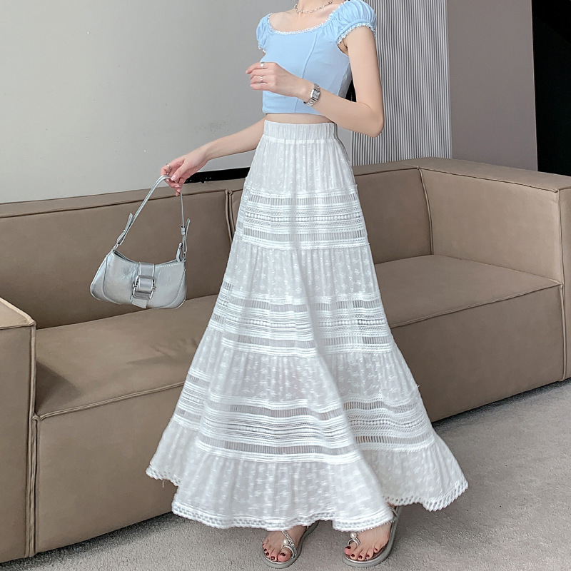White Half-Length Skirt 2024 Spring French Cut Out Lace A-Line Skirt Floor-Length Skirt Spliced Cake Skirt High Waist White Half-Length Skirt 2024 Spring French Cut Out Lace A-Line Skirt Floor-Length Skirt Spliced Cake Skirt High Waist