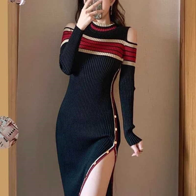 Knitted Dress Autumn 2021 New Women's French Style Goddess Style Slimming Look Elegant Off-Shoulder Long Dress Knitted Dress Autumn 2021 New Women's French Style Goddess Style Slimming Look Elegant Off-Shoulder Long Dress