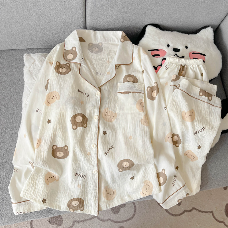 工厂直销云朵棉新款睡衣女长袖长裤开衫翻领卡通大码家居服套装|undefined