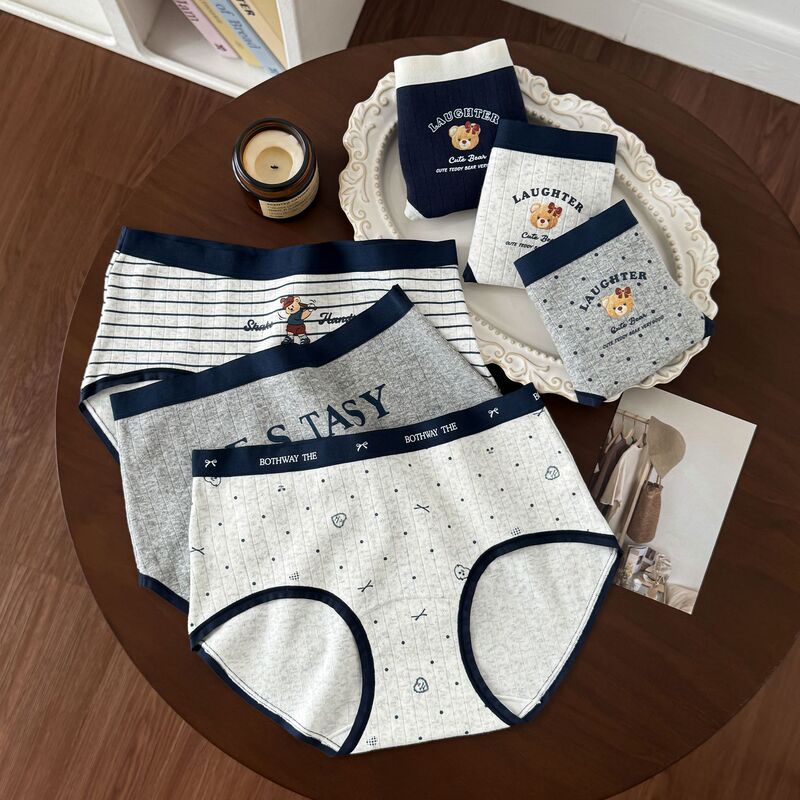 Plus Size British Preppy Style Pure Cotton Jacquard Bear Girl 10A Antibacterial Crotch Mid-Waist Comfortable High Elastic Briefs