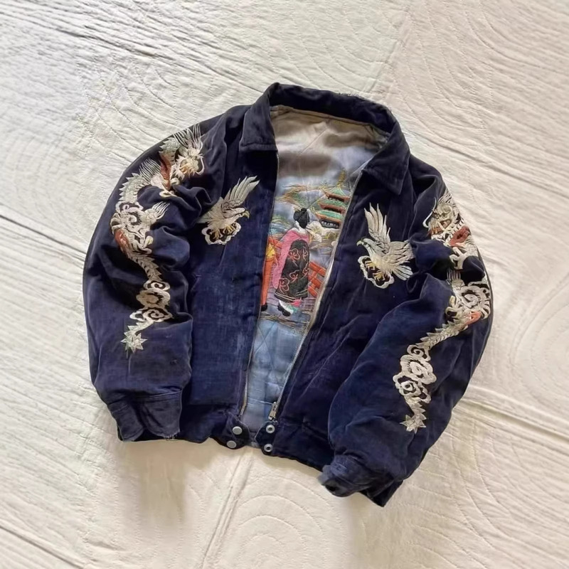 New Japanese-Style Heavy-Duty Embroidered Jacket with Dragon and Eagle Motifs, Corduroy Baseball Jacket New Japanese-Style Heavy-Duty Embroidered Jacket with Dragon and Eagle Motifs, Corduroy Baseball Jacket