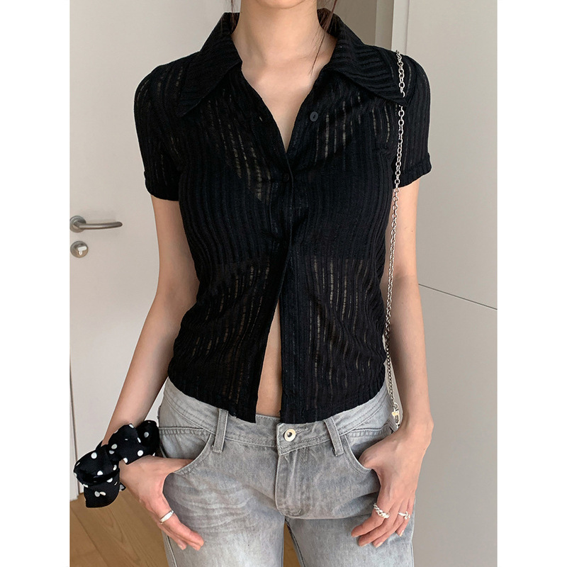 Dorothy Summer New South Korea Vintage High-end Casual Lapel Single-breasted Hollow All-match Short-sleeved Shirt