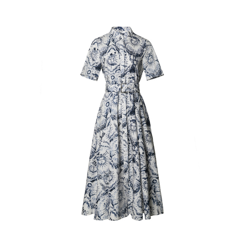 Elegant and Versatile D-Brand All-Cotton Direct-Print Sunflower Print Bee Embroidery Flared Dress with Short Sleeves for a Stylish Workday Look