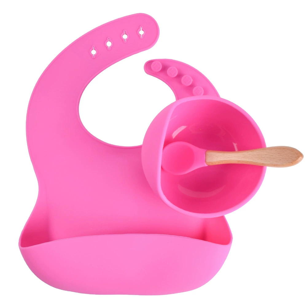Silicone children's tableware set — bib, bowl and spoon with suction base, multi-color