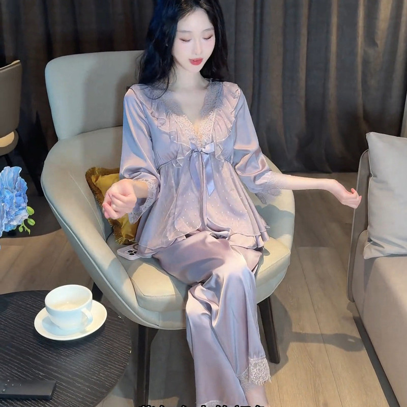 Pajamas with Breast Pads for Women 2026 New Summer Ice Silk Satin Sexy Pure Lust Style Home Wear Set That Can Be Worn Outside Pajamas with Breast Pads for Women 2026 New Summer Ice Silk Satin Sexy Pure Lust Style Home Wear Set That Can Be Worn Outside