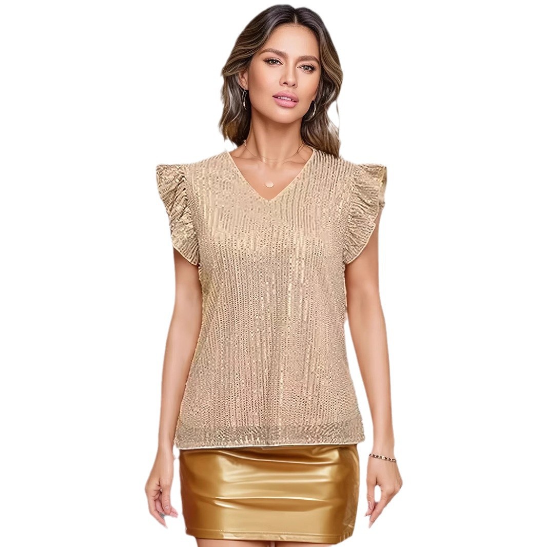 Women's Sexy V Neck Flutter Short Sleeve Sequin Top – Glitter Casual Summer Tee_ecoleips.com