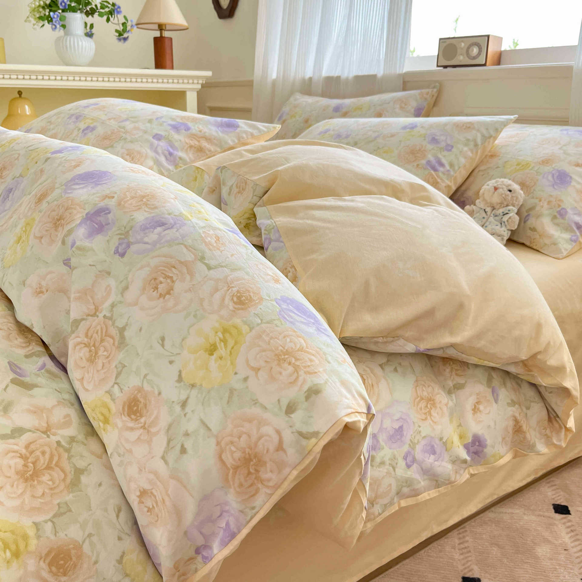 Cama de algodón de cuatro piezas, sábanas de cama de algodón, cama de cama de tres piezas, nuevo dormitorio, cama de cama de tres piezas