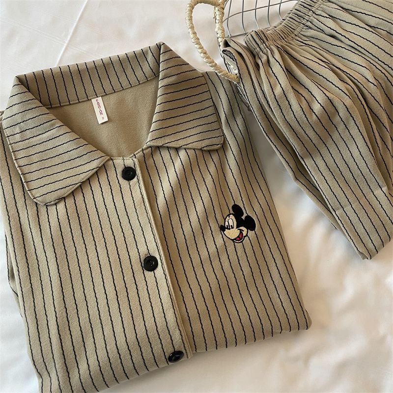 Primavera y otoño pareja pijama de nube de algodón nuevo Mickey rayas de dibujos animados fuera de vestir para hombres set de ropa de casa