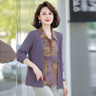 2025新款妈妈春夏上衣开衫奶奶春季衬衫假两件中老年女装洋气翻领