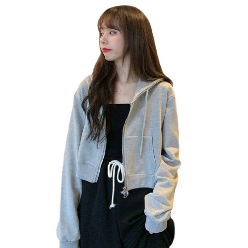 Women's New Korean Style Short-Sleeve Thin Hooded Sweatshirt with Zipper, Solid Color Long-Sleeve Top, Trendy One-Piece Outerwear