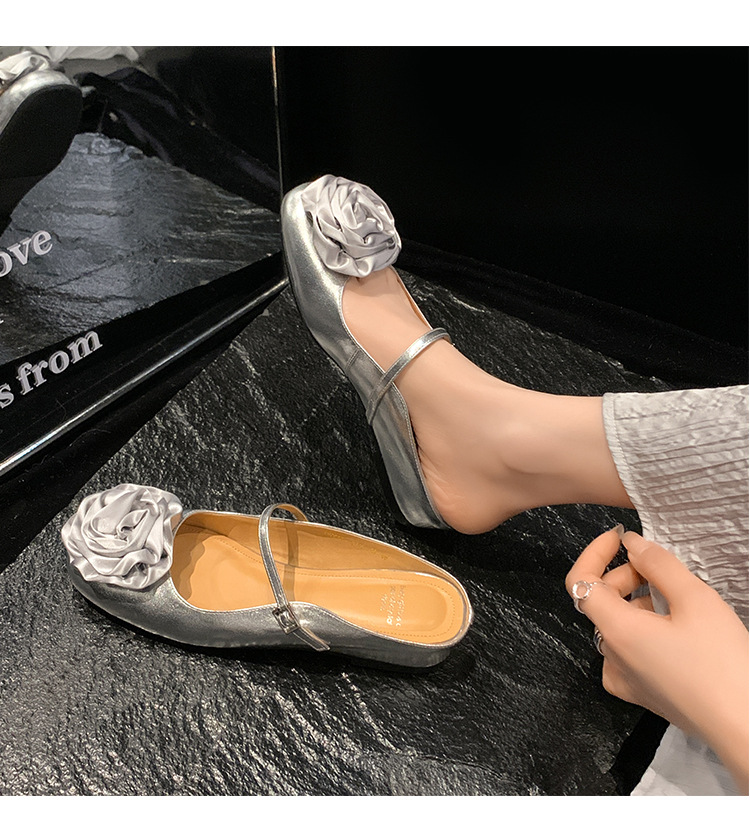 Giày mule nữ mũi nhọn họa tiết hoa bạc, đế bằng tăng chiều cao — Màu nâu nhạt (da cừu) chi tiết 15