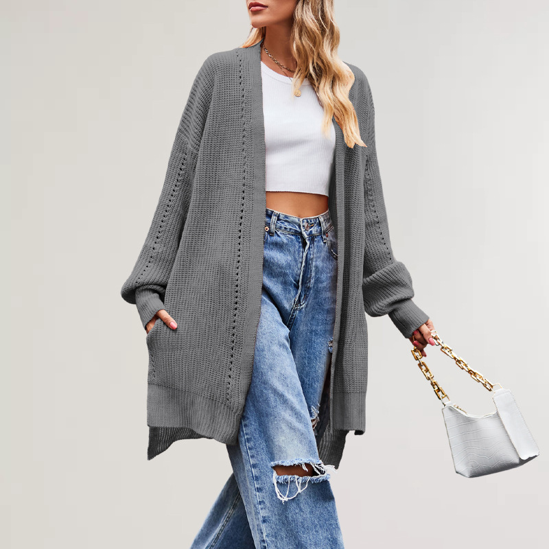 Suéter Nuevo de Otoño e Invierno 2025 para Mujer, Estilo Europeo y Americano, Color Sólido, Cárdigan Holgado de Punto con Bolsillos, Chaqueta