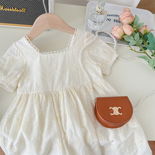 Korean Style Girls Hollow Puff Sleeve Dress Summer 2024 New Lace Short Sleeve Children's Summer Dress