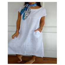 2025欧美跨境新款亚马逊独立站圆领纯色 口袋 短袖棉麻 长连衣裙