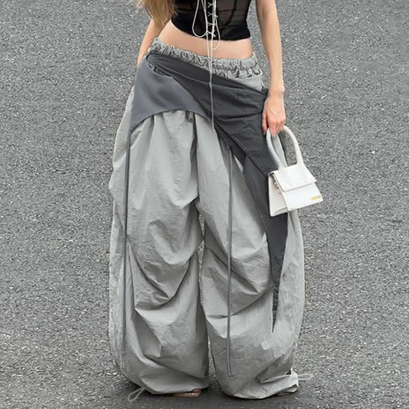 西海岸风欧美辣妹褶皱飘带工装裤小众设计街头宽松慵懒休闲长裤女|undefined