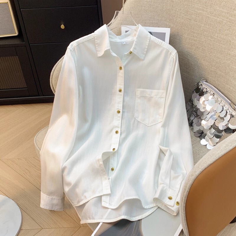 New Style Soft Draped Right Shoulder Tencel Denim Shirt for Women in Autum with Layered Cupro Silk Shirt for Small People