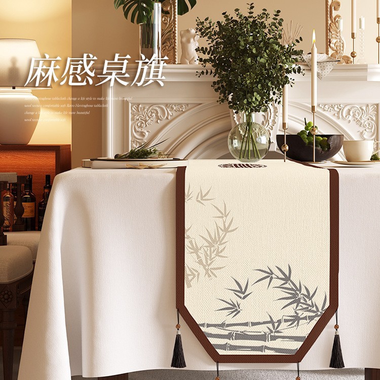 新中式异形流苏桌旗复古茶几中间长条布艺台布餐桌装饰品禅意茶旗