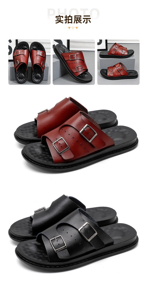 Dép sandal nam hở ngón cỡ lớn da PU chống trượt, dép lê đi biển thoáng khí — Toàn bộ màu đen, Đỏ rượu vang chi tiết 16