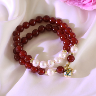 Natural Freshwater Pearl Red Agate Bracelet New Chinese Style National Fashion High-End Personalized Small Gold-Swallowing Beast Good Luck Bracelet