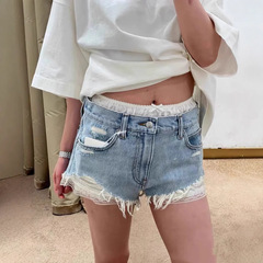 25 レトロ不規則な穴デニムショートパンツ女性の夏薄いホットガールハイウエストレースワイドレッグショートホットパンツ