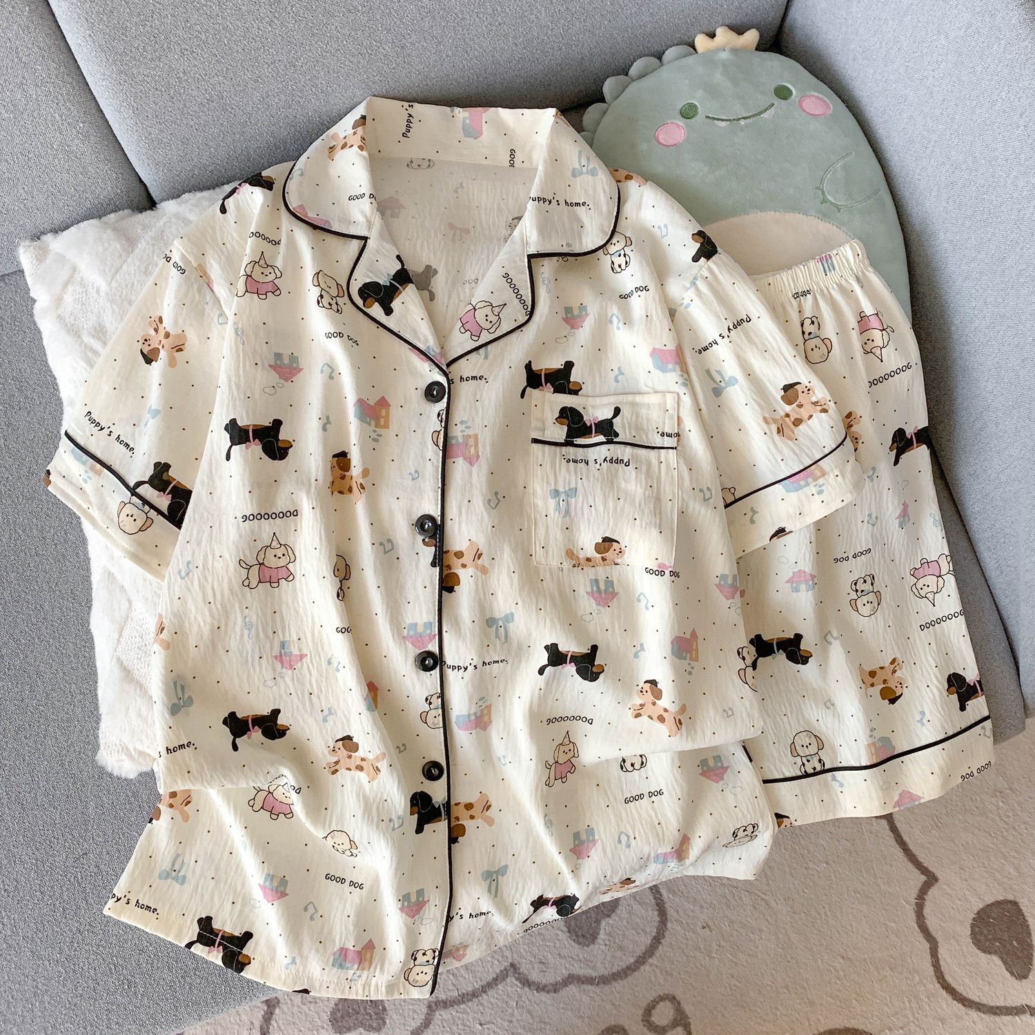 跨境外贸云朵棉睡衣女短袖开衫少女卡通短裤可外穿家居服套装夏季