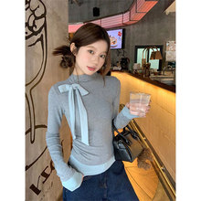 晨领【原版品质手感好布面不扎身】灰色蝴蝶结长袖T恤女装新款上