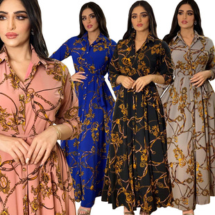 Europe and the United States Cross-border Middle East Muslim Fried Street Retro Long Dress Southeast Asia Large Swing Printed Lace-up dress