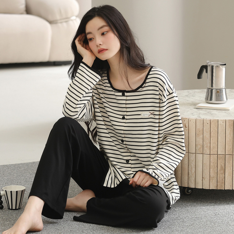 纯棉睡衣女2025新款春秋款爽棉开衫长袖简约大码家居服套装可外穿|undefined