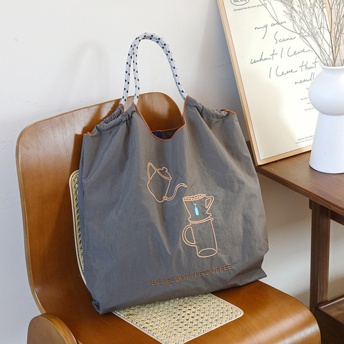 New ball chain style embroidered tea cup eco-friendly shopping bag for women, large capacity single shoulder crossbody commuting bag