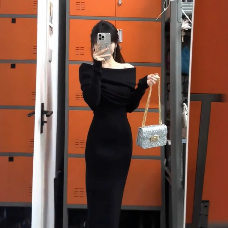 Black off-shoulder dress Women's Autumn and Winter Hepburn Style Birthday Party Dress High-end Light Luxury Niche Dress Black off-shoulder dress Women's Autumn and Winter Hepburn Style Birthday Party Dress High-end Light Luxury Niche Dress