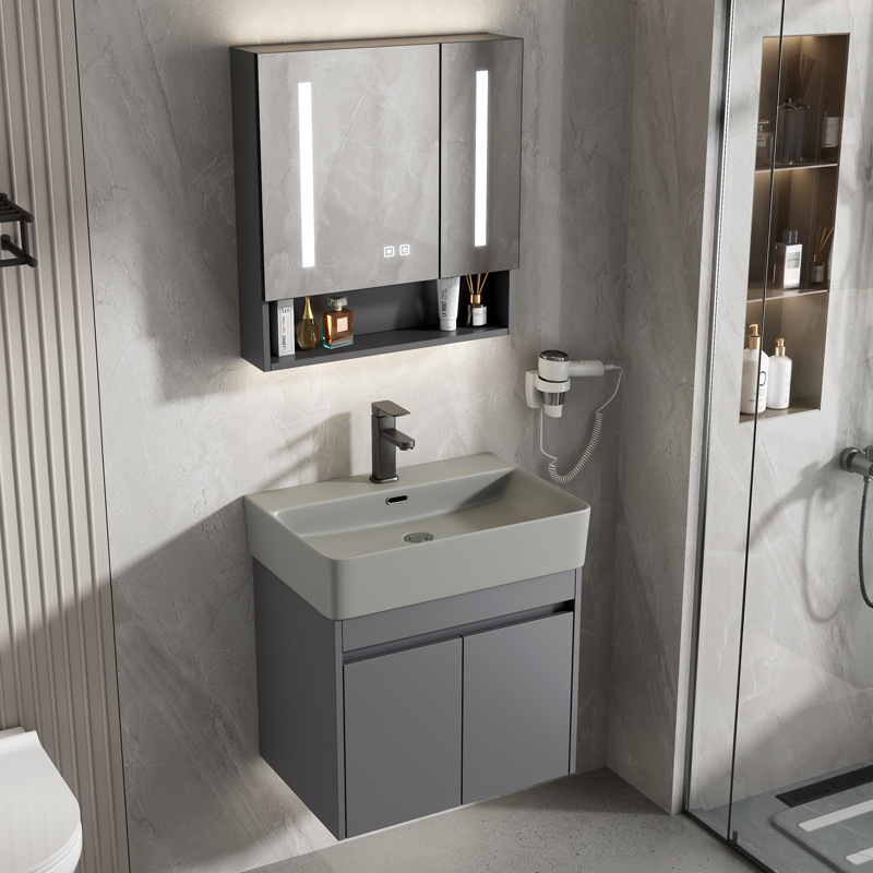 Gabinete de baño de aluminio espacial combinación de cerámica gris lavabo de lavado de mano lavabo comercio exterior pequeño tipo de lavabo ultra estrecho