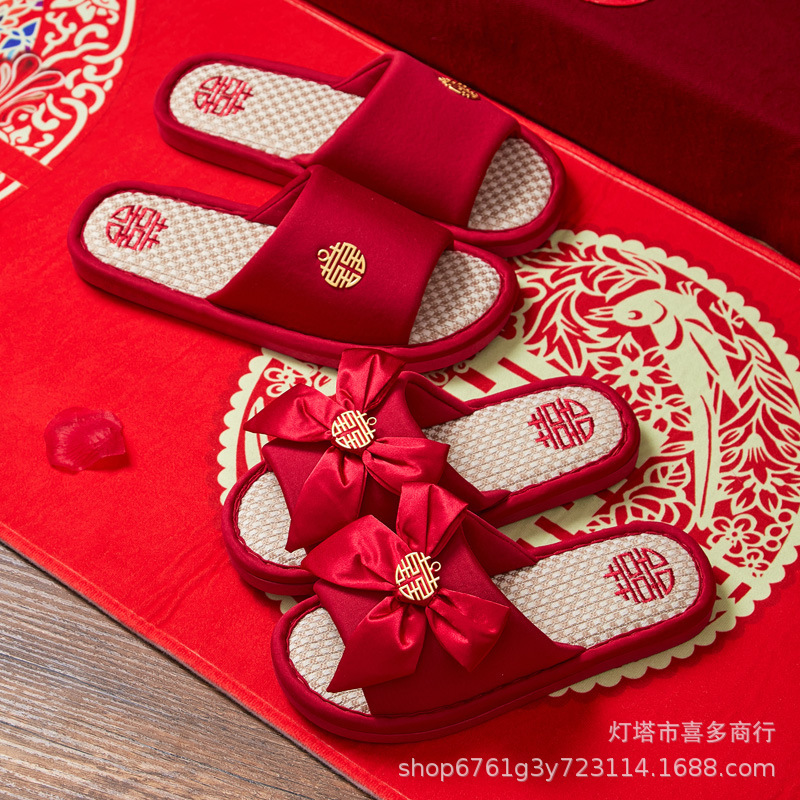 Wedding slippers wedding couple linen bridegroom bride dowry festive red pair summer light luxury High sense
