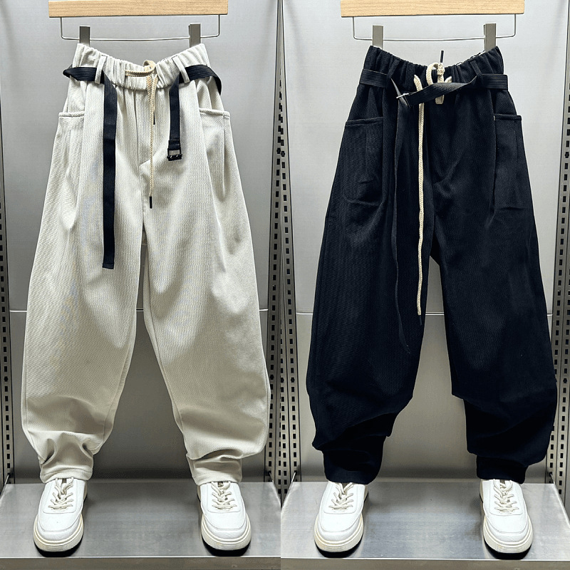 日系潮流结构条绒宽松百搭休闲裤男士秋冬新款青年痞帅重磅哈伦裤|undefined