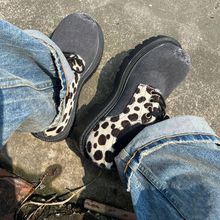 豹纹布面破坏德比鞋男女同款厚底增高小皮鞋米奇大头鞋翘头鞋系带