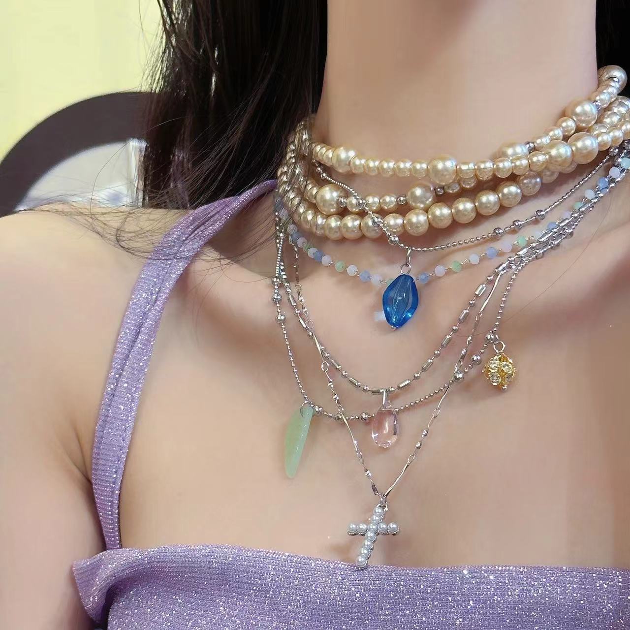 重工choker多層珍珠項鍊女個性設計高級感十字架吊墜鎖骨鏈頸鏈潮