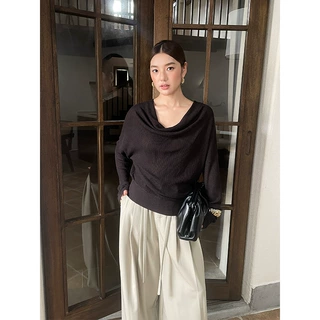 简禾 设计感垂坠荡领针织上女秋季褶皱收腰慵懒风长袖打底衫19028