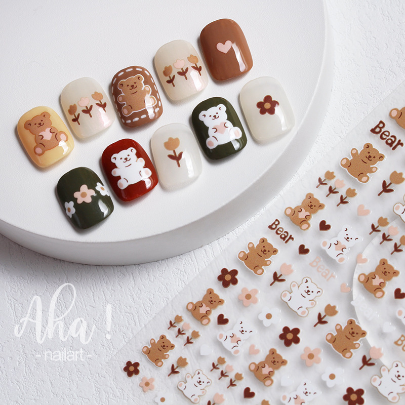 Aha Nail Glue Sticker New Cartoon Autumn and Winter Squirrel Bear Painted Tulip Flower Nail Decoration