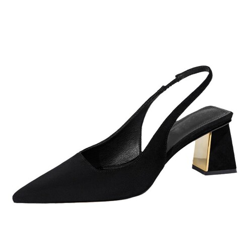 Oversized round-toe wedge sandals with a black, open-toe design featuring a pointed toe, a back strap, and a mid-heel. Perfect for summer fashion.
