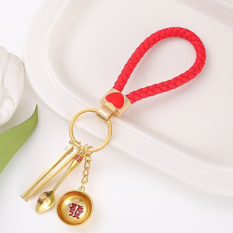 Cross-Border Popular Metal Keychain Small Pendant Tableware Gold Rice Bowl Spoon Chopsticks Backpack Key Chain DIY Accessories