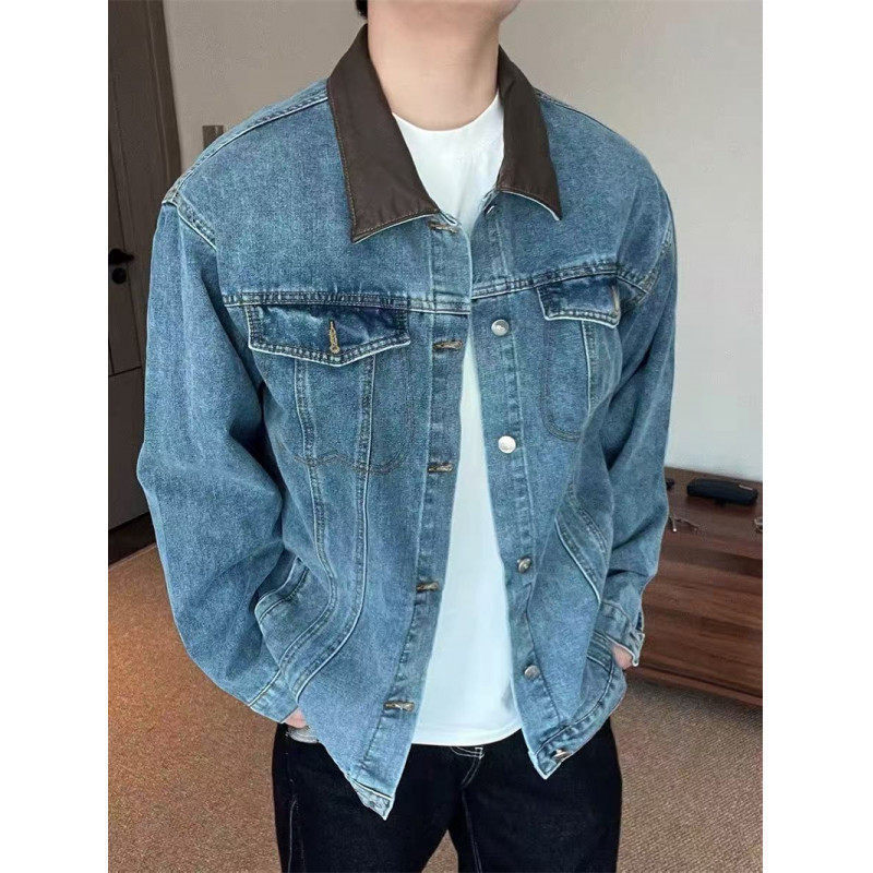 Color-Blocked Pu Leather Collar Denim Jacket for Men, Spring and Autumn Trendy Brand, Stylish Workwear with a High-End Feel, Loose Carhartt-Style Outerwear
