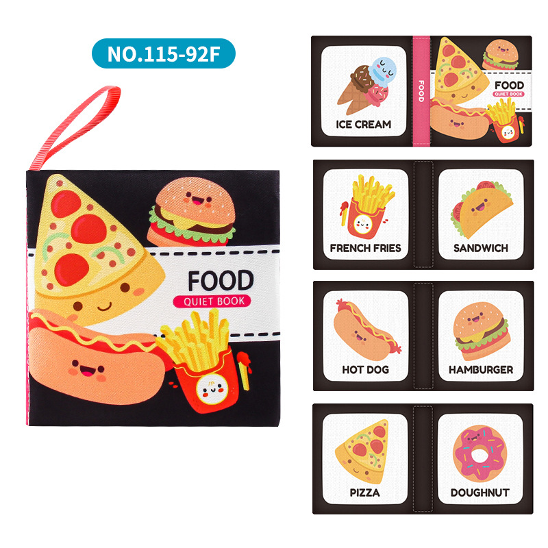 Cuatro libros de tela tridimensionales transfronterizos para bebés juguetes de educación temprana 4 caras 8 páginas en inglés libros de palma de alimentos y cognición animal libros de tela para bebés